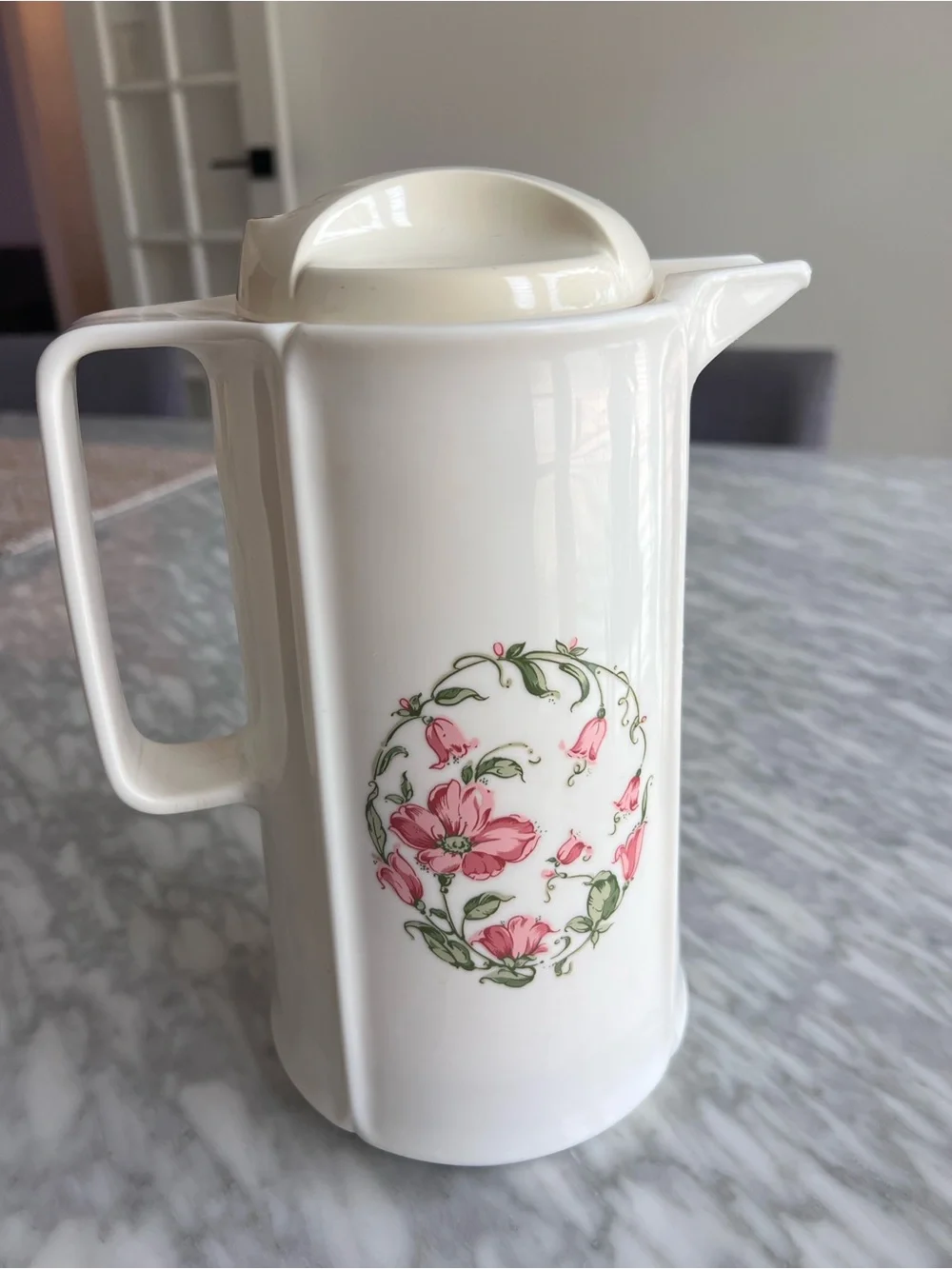 Vintage White Plastic and Glass Floral Carafe